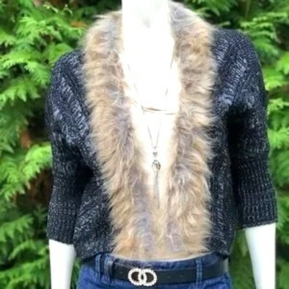 Gulf Stream Boutique Sweaters - Knit Open Front Cardigan with Faux Fur Black and White Weave